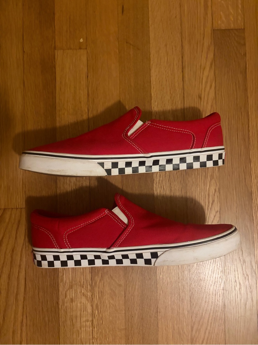 Vans Red Slip-On Canvas Loafers with Black-and-White Checkerboard Midsole